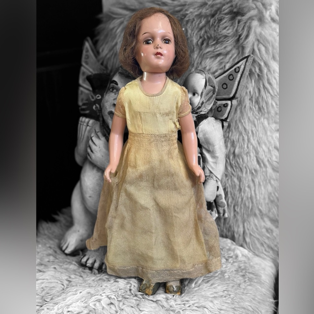 Antique Arranbee composite doll 18” tall original cloths shoes vintage fur coat